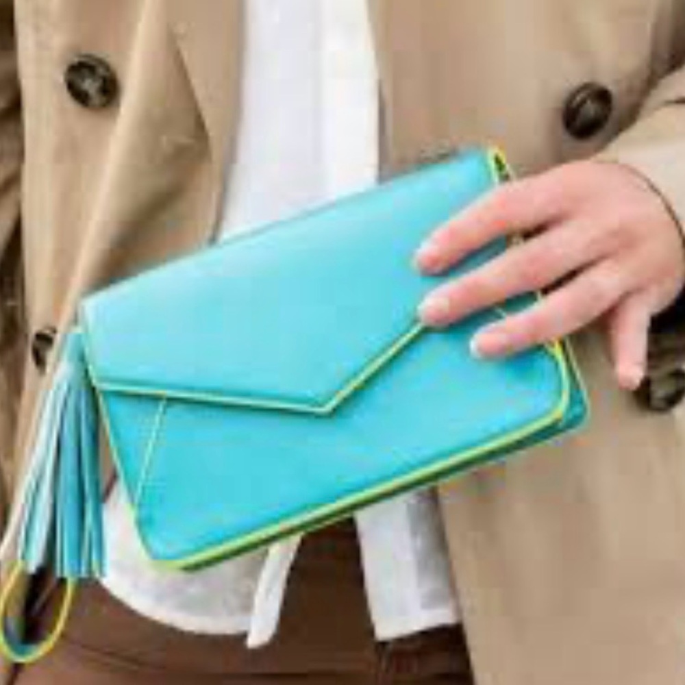 Turquoise Envelope Wristlet Clutch with Tassel Accent